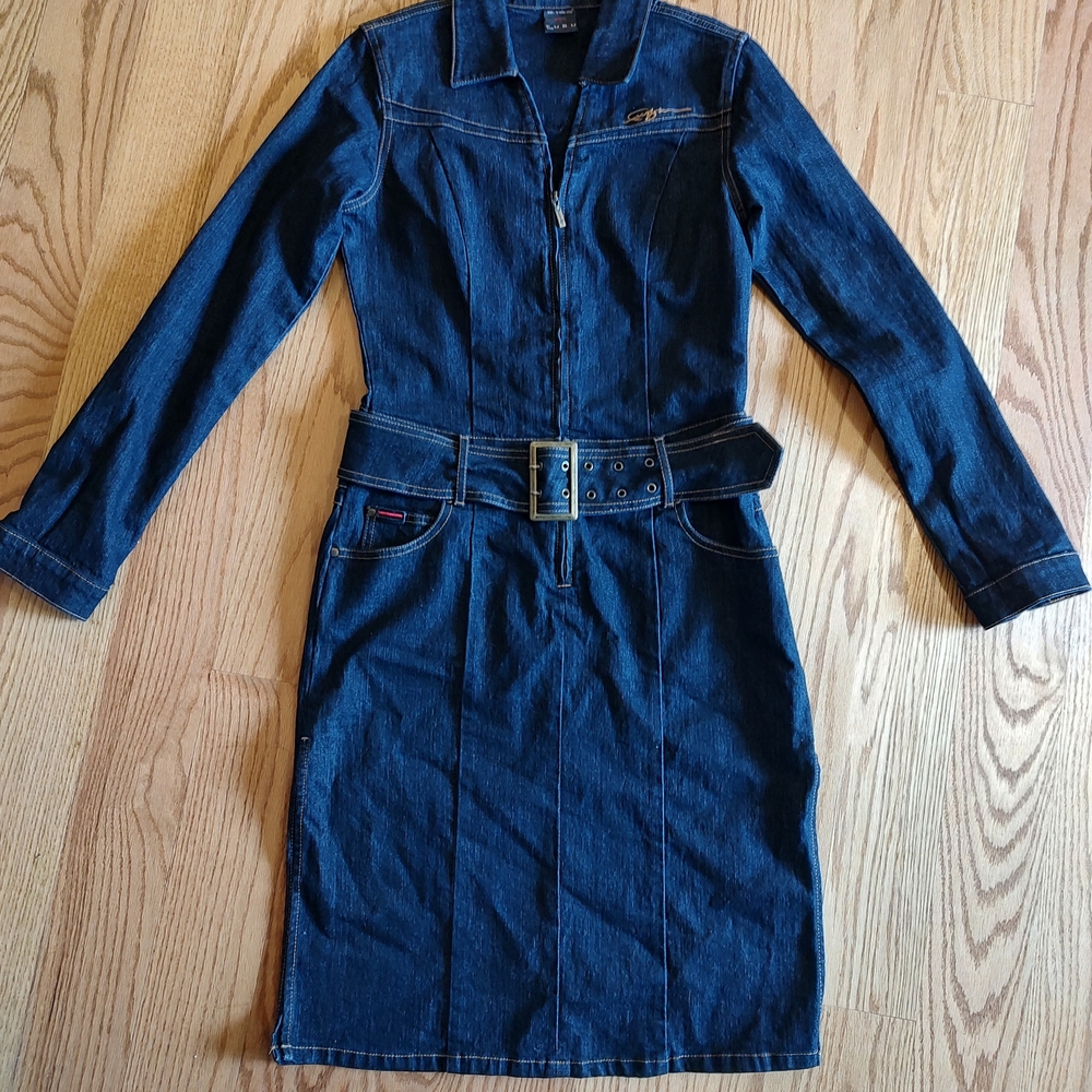 FUBU Denim Belted Dress – Size 7/8, Zip Front, Long Sleeve
